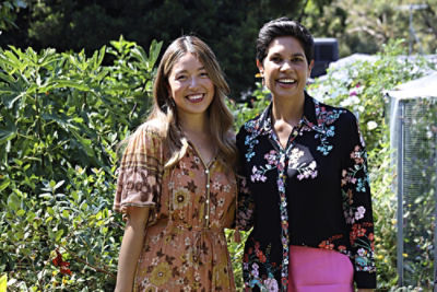 Connie Cao and TV show host Narelda Jacobs on set of The Brighter Side