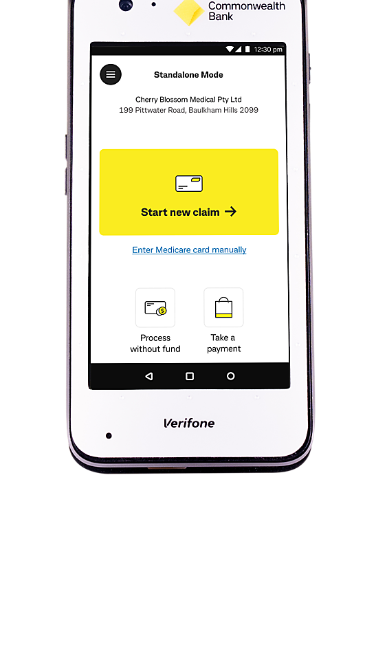 The Smart Health terminal is a sleek terminal with a touchscreen interface (accessibility mode available). Shows options on the Smart Health terminal to create a new claim, view payments and claims history, or add a new patient to the app.