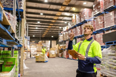 Worker with clipboard in warehouse
